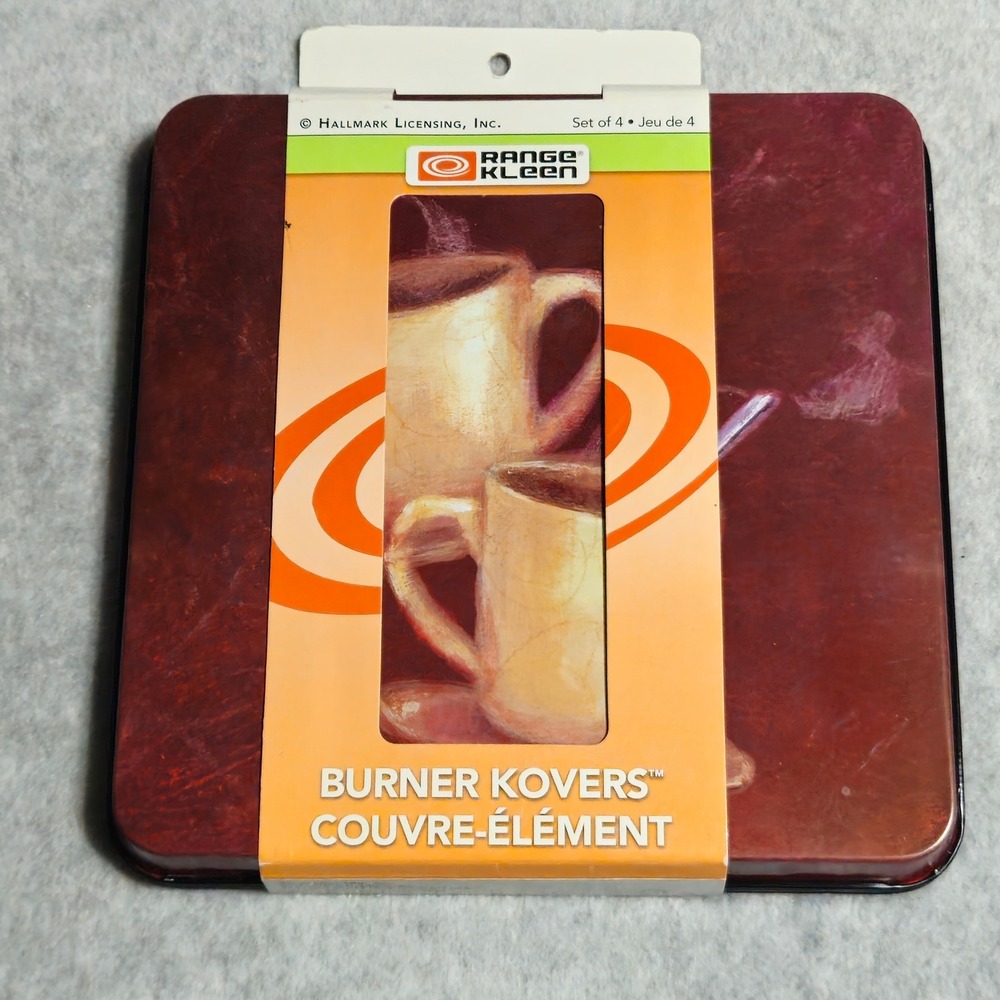 Range Kleen Hallmark Coffee Theme Burner Covers Set of 4 Square Burgundy NEW
